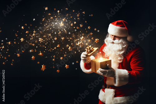 Père Noël ouvrant un paquet cadeau doré et libérant des paillettes et confettis dorés sur un fond background noir avec espace négatif pour texte - Ressource graphique 