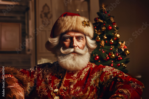 Très élégant Père Noël traditionnel avec un manteau rouge et doré à fourrure dans le style russe et un chapeau sur la tête. Homme mûre, sénior, avec une barbe, et cheveux blancs en intérieur portrait