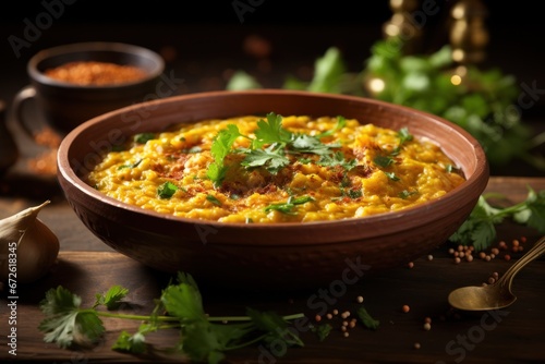 Indian food tarka dal red lentils curry dish on table wood