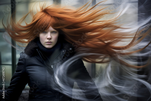 Angry woman with intense gaze and violently styled hair.