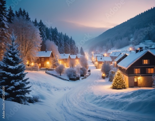 Evening Christmas decorated village in snow and lights