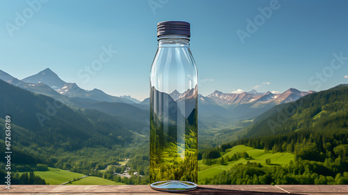 a bottle of clean water on the background of mountains
