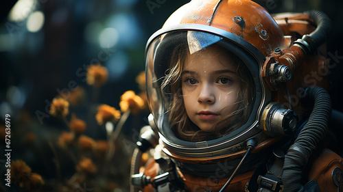 Child astronaut in a space suit investigating a strange alien planet.