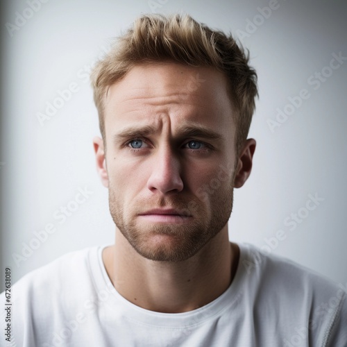 Portrait of a white male with Heartbroken expression against white background, AI generated, background image