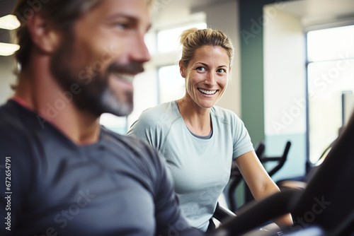 Enthusiastic Fitness Duo Enjoying a Workout Together on Exercise Bikes at a Gym