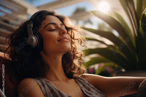 A woman lounging on a chair and listening to music on her headphones. Great for stories on audio, music, lifestyle, meditation, relaxation and more. 
