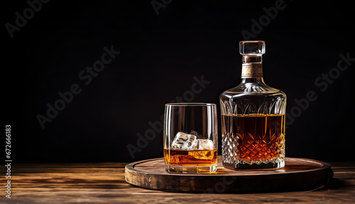 Wood barrel holds whiskey and glass. Black backcground