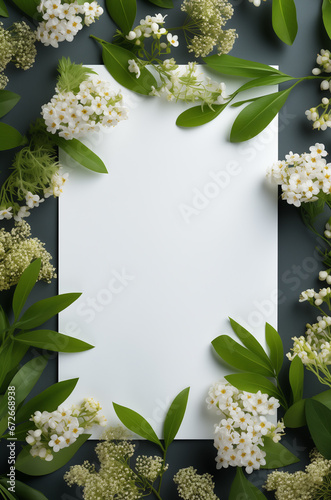 Empty white summer and spring nature background with fresh green leaves and herbs and pastel blank card for copy space or text creative advertising. isolated 