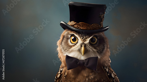 Charming owl in a bowler hat, great horned owl in winter