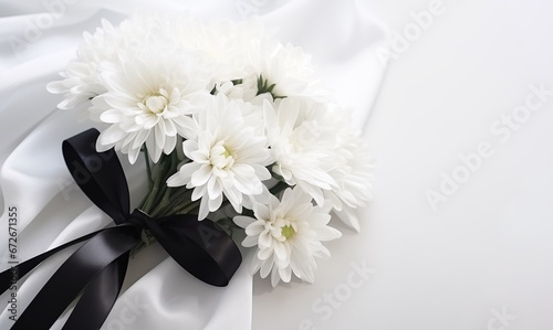 beautiful chrysanthemum flowers and black ribbon on white background, condolence card with copy space for text