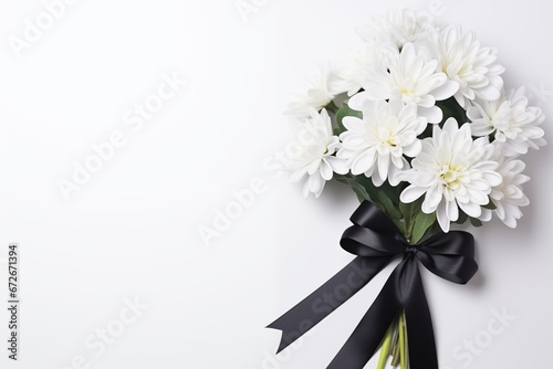 beautiful chrysanthemum flowers and black ribbon on white background, condolence card with copy space for text