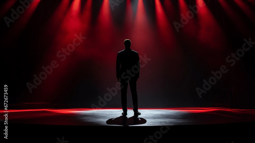 A Man Standing on a Stage Lit by Red Stage Lights