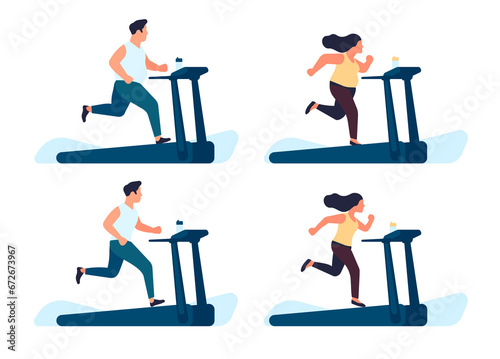Fat man and woman running on treadmill. People training after losing weight. Gym exercises. Sport for slimming. Health lifestyle. Sportsman workout. Obese or slim body. png concept