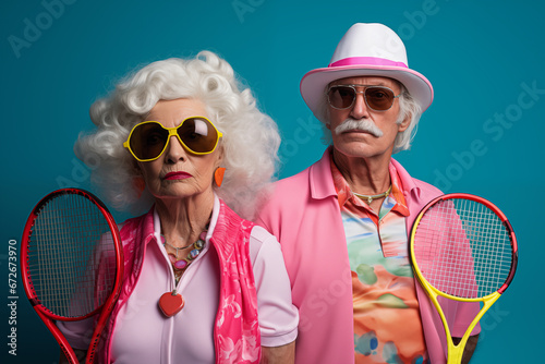 Vintage portrait of couple of retired cool senior, fashionable and crazy elegant hipsters with blue background and colorful clothes with tennis rackets