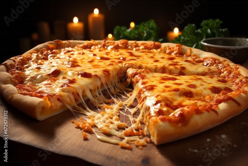A slice of hot Italian pizza with stretching cheese.