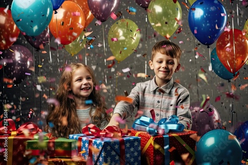 Cute children, boy and girl, with presents and balloons at birthday party.