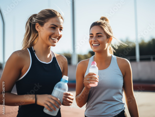 Two blonde American teenage girls finished running in the afternoon while carrying water in bottles