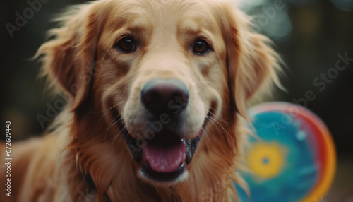 A playful young golden retriever sitting outdoors, smiling at camera generative AI