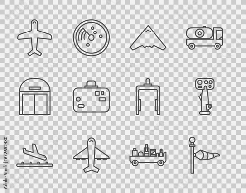 Set line Plane landing, Cone meteorology windsock wind vane, Jet fighter, Suitcase, Airport luggage towing truck and Aircraft steering helm icon. Vector