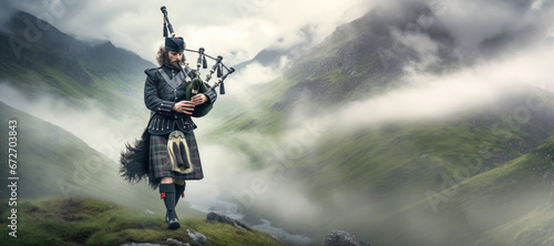 A Scottish bagpiper stands proudly in his traditional dress against a foggy lake backdrop.