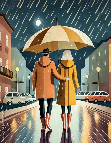 pareja paseando bajo la lluvia bajo el mismo paraguas, con chubasquero y botas de agua