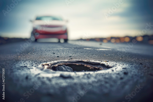 A pothole on a city road, surrounded by rainwater and dirt, emphasizing the challenges of travel on deteriorating pavement.