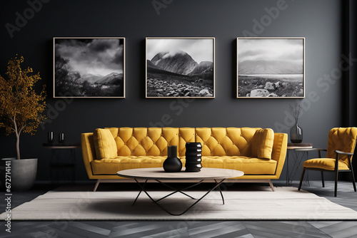 Mockup de salon gris con un sillón amarillo y una butaca amarilla decorado con tres cuadros grandes en la pared, una planta a la izquierda del sofa y una mesita de madera en el centro