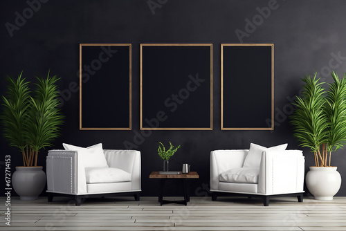 Mockup de sala de estar oscura con dos butacas blancas y una mesa pequeña decorado con tres cuadros negros en la pared, luz natural.