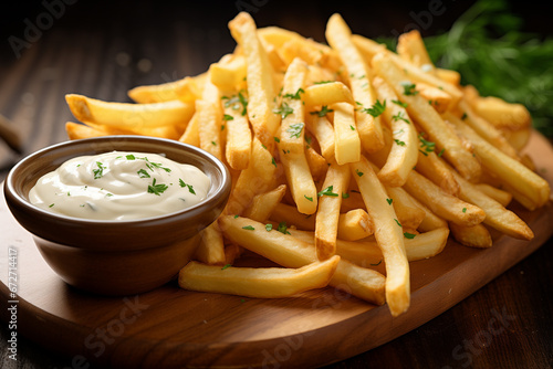 french fries with mayonnaise on a wooden board outside at sunny day. Tasty and delicious food photography for restaurants and shops.