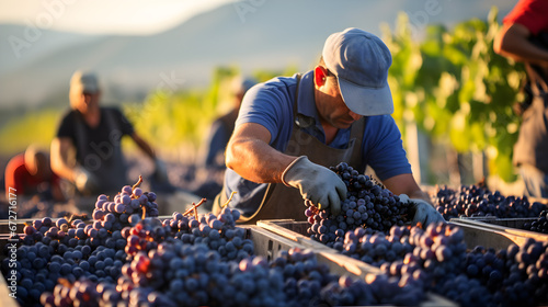 male farm worker picks bunches grape from vine carefully attentively stack in a box. Winemaker smiles contentedly, the harvest has grown well. Background rows of vineyard.