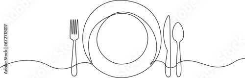 continuous single line drawing of dinner concept, plate with fork, knife and spoon, line art vector illustration