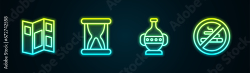 Set line Museum guide brochure, Old hourglass with sand, Ancient amphorae and No Smoking. Glowing neon icon. Vector