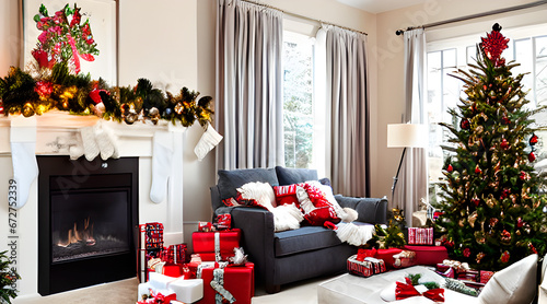 Christmas room with fireplace, socks and gifts