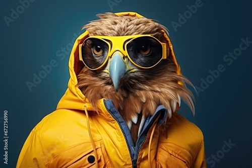 Un aigle stylé en costume jaune avec des lunettes