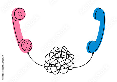 Hand drawn cute illustration of two retro phone handsets connected by tangled wire. Flat vector old telephone receiver sticker in doodle style. Difficult conversation icon. Misunderstanding. Isolated.