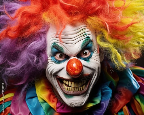 close up of a smiling clown in a multi coloured wig.