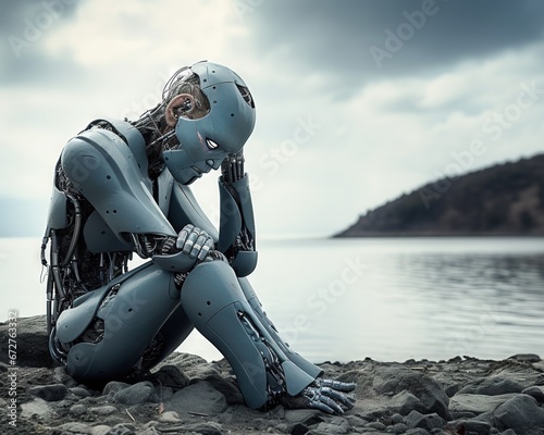 The humanoid sad lonely robot is suffering from depression.