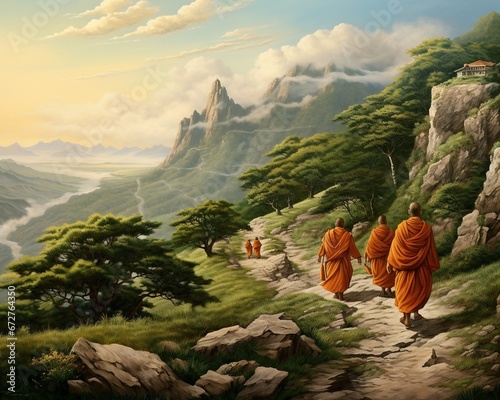 Chinese monks are walking on mountns with buddhist monks.