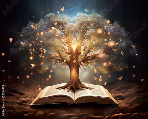 The tree symbolises knowledge and wisdom growing from the pages of the book.