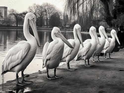 White pelicans by water. Black and white photo