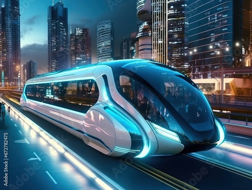 and robots. Futuristic monorail transport. Concept of future. Realistic 4K animation.