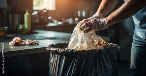 Hand Disposing of a Garbage Bag in Kitchen Bin. generative AI