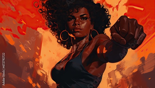 Dark-skinned adult woman with curly hair in a fighting stance against a cityscape background in red tones. Black History Month