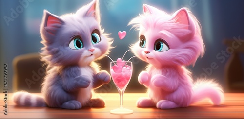 Two adorable animated kittens, one gray and the other pink, share a cocktail with pink hearts, symbolizing romance, against a backdrop of warm evening lighting. Valentine's Day concept