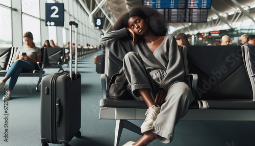 Photo of a weary traveler at an airport, a African female dressed in casual attire, seated with their eyes closed and leaning against their luggage, embodying the fatigue of journey