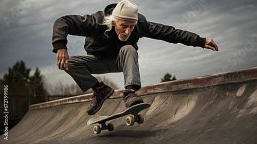 Image of an old man riding a skateboard.