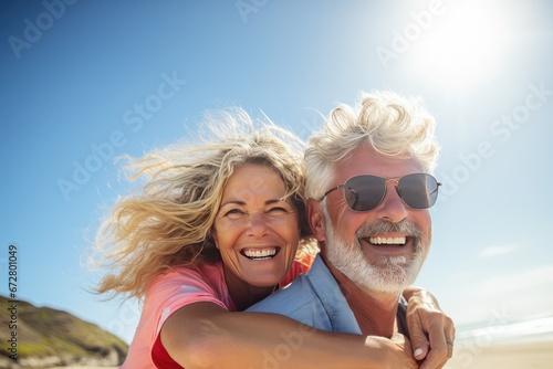 Un couple senior, amoureux qui s'enlace sur la plage sous un beau ciel bleu d'été