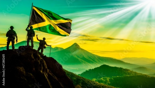 Silhouettes of soldiers placing Jamaica national flag on the peak of a mountain