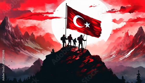 Silhouettes of soldiers placing Turkiye national flag on the peak of a mountain