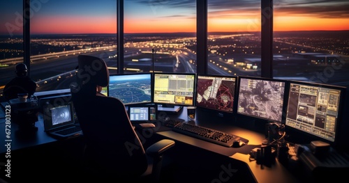 Air Traffic Controllers' Vigilant Watch from Airport Control Towers. Generative AI